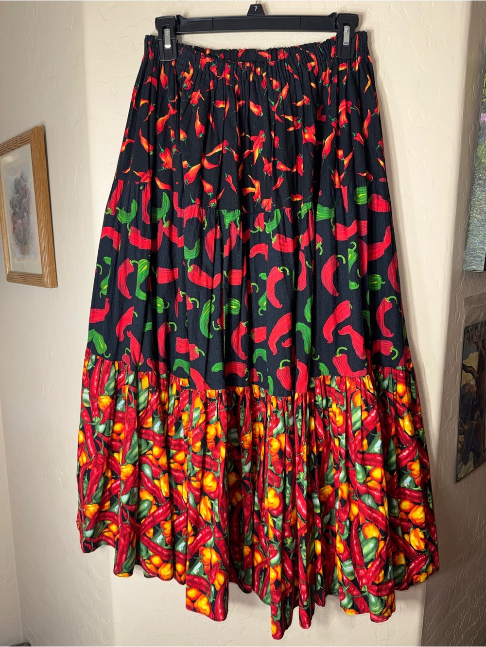 Jackelen Handmade Chili Pepper Print Tiered Maxi Skirt Novelty Cotton Vintage